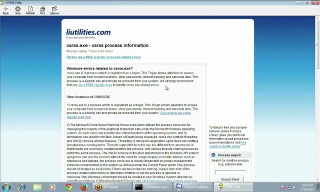 Tech support scam csrss.exe virus warning