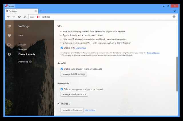 Opera VPN settings